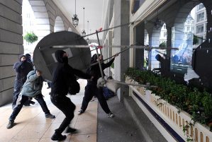 Protesters smash the Ritz (posh hotel) during the March 26th anti-austerity protests in 2011